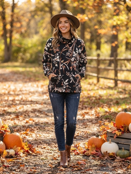 Columbia Sportswear Company Sweaters - Columbia Black Botanical Leaf Print Cowl Funnel Neck Pullover 2X